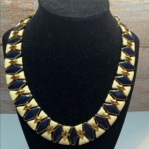 Monet signed Art Deco style geometric blue & cream enamel necklace gold tone